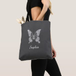 White Diamond Butterfly, Script Name, Dark Grey Tote Bag<br><div class="desc">A classy white diamond butterfly design to personalise with white script name on dark grey background.</div>