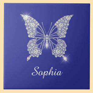 White Diamond Butterfly, Script Name, Deep Blue Ceramic Tile