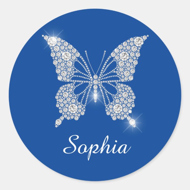 White Diamond Butterfly, Script Name, Deep Blue Classic Round Sticker (Front)