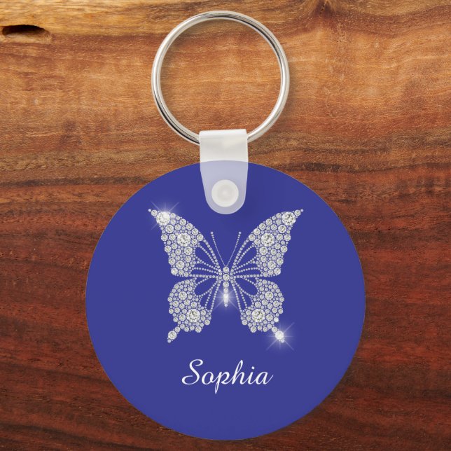 White Diamond Butterfly, Script Name, Deep Blue Key Ring (Front)
