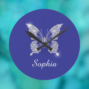 White Diamond Butterfly, Script Name, Deep Blue Round Clock