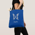 White Diamond Butterfly, Script Name, Deep Blue Tote Bag<br><div class="desc">A classy white diamond butterfly design to personalise with white script name on deep blue background.</div>