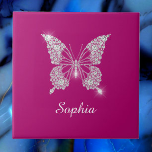 White Diamond Butterfly, Script Name, Deep Fuchsia Ceramic Tile