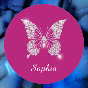 White Diamond Butterfly, Script Name, Deep Fuchsia Classic Round Sticker
