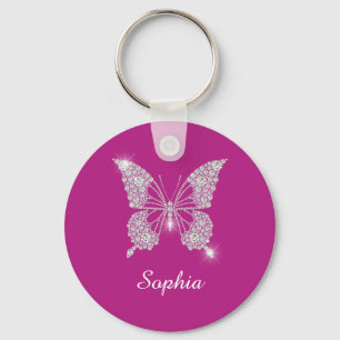 White Diamond Butterfly, Script Name, Deep Fuchsia Key Ring
