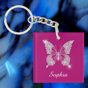 White Diamond Butterfly, Script Name, Deep Fuchsia Key Ring