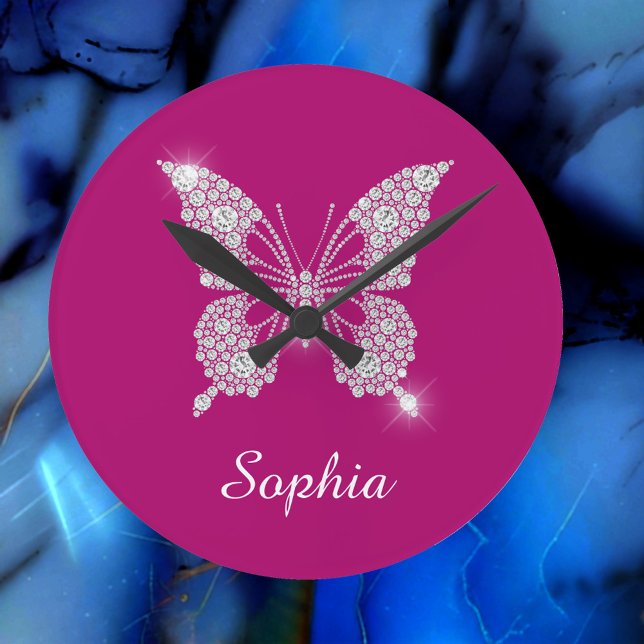 White Diamond Butterfly, Script Name, Deep Fuchsia Round Clock (Creator Uploaded)