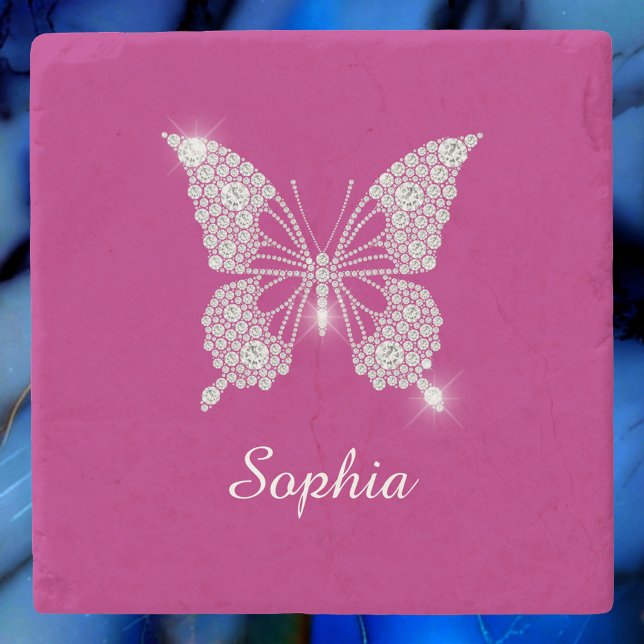 White Diamond Butterfly, Script Name, Deep Fuchsia Stone Coaster (Creator Uploaded)