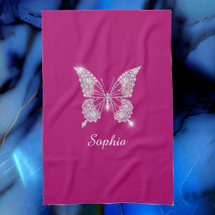White Diamond Butterfly, Script Name, Deep Fuchsia Tea Towel