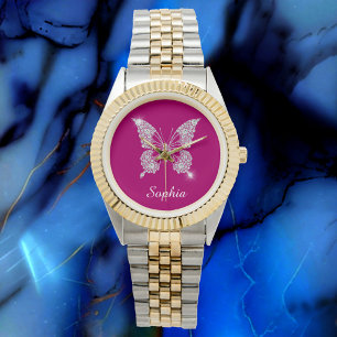 White Diamond Butterfly, Script Name, Deep Fuchsia Watch
