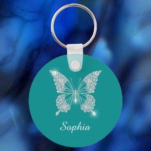 White Diamond Butterfly, Script Name, Deep Teal Key Ring