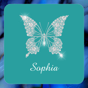 White Diamond Butterfly, Script Name, Deep Teal Square Sticker