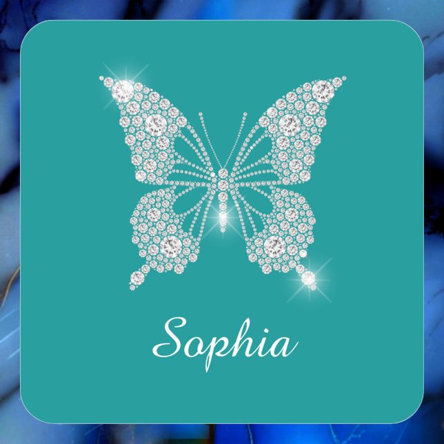 White Diamond Butterfly, Script Name, Deep Teal Square Sticker (Creator Uploaded)