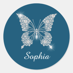 White Diamond Butterfly, Script Name, Ocean Blue Classic Round Sticker