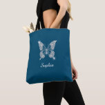 White Diamond Butterfly, Script Name, Ocean Blue Tote Bag<br><div class="desc">A classy white diamond butterfly design to personalise with white script name on ocean blue background.</div>