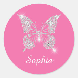 White Diamond Butterfly, Script Name, Pink Classic Round Sticker