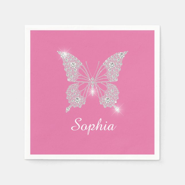 White Diamond Butterfly, Script Name, Pink Napkin (Front)