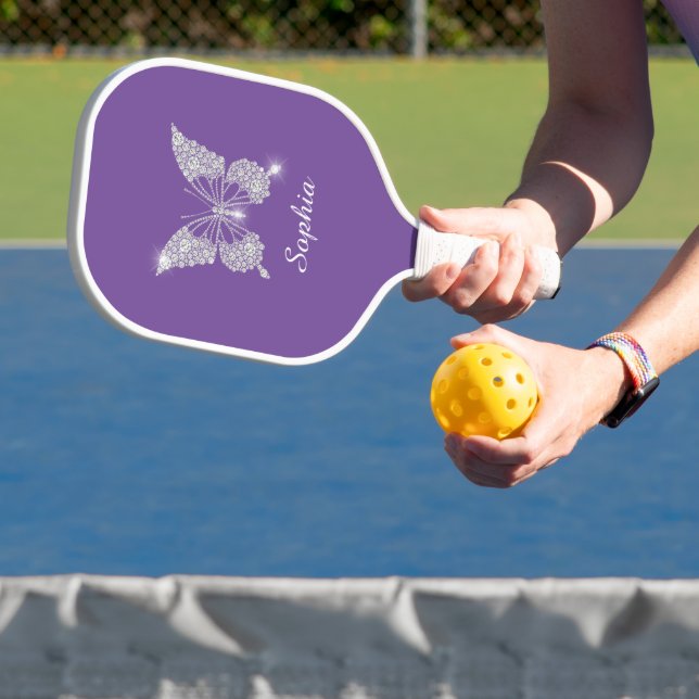 White Diamond Butterfly, Script Name, Purple Pickleball Paddle (Insitu)