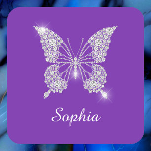 White Diamond Butterfly, Script Name, Purple Square Paper Coaster