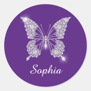 White Diamond Butterfly, Script Name, Royal Purple Classic Round Sticker