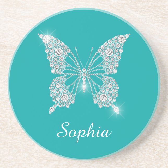 White Diamond Butterfly, Script Name, Teal Coaster (Front)