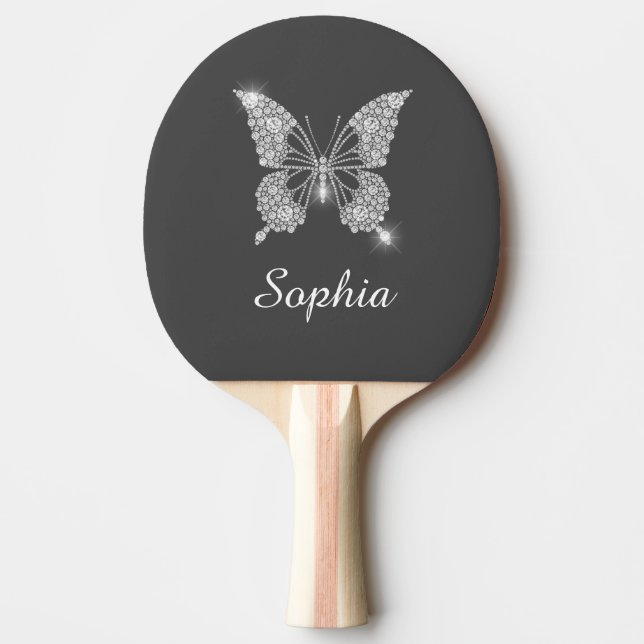 White Diamond Butterfly Sparkle, Name, Dark Grey  Ping Pong Paddle (Front)