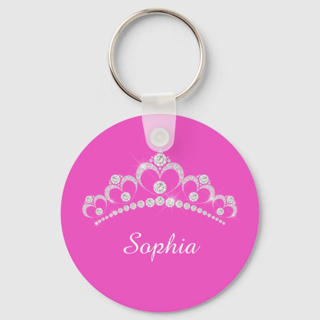 White Diamond Crown, DIY Script Name, Fuchsia Key Ring (Front)