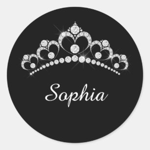 White Diamond Crown, Script Name, Black Classic Round Sticker