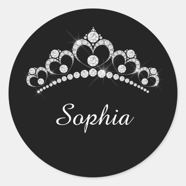 White Diamond Crown, Script Name, Black Classic Round Sticker (Front)