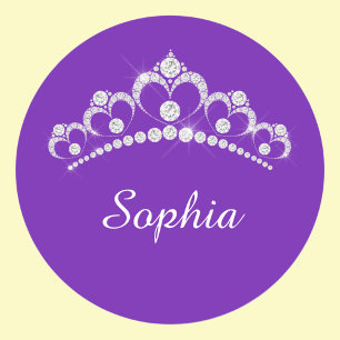 White Diamond Crown, Script Name, Purple Classic Round Sticker