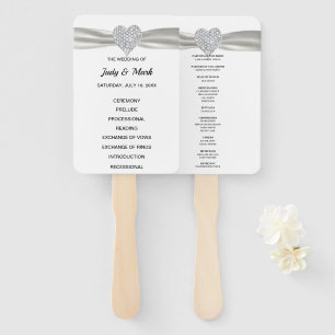 White Diamond Heart Wedding Program Hand Fan