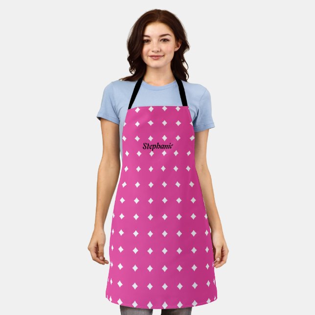 White Diamond Pattern White Black Custom Name Cute Apron (Worn)