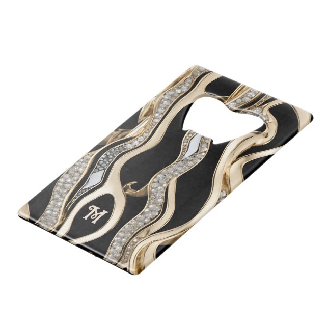 White diamonds and gold zebra stripes on black (Front Angled)