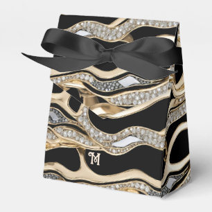 White diamonds and gold zebra stripes on black favour box
