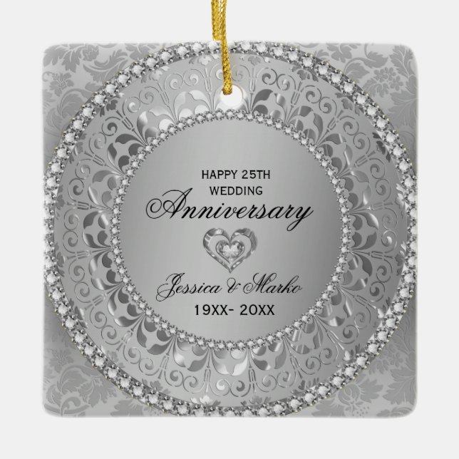 White Diamonds And Silver Damask 25th Anniversary Ceramic Ornament (Front)