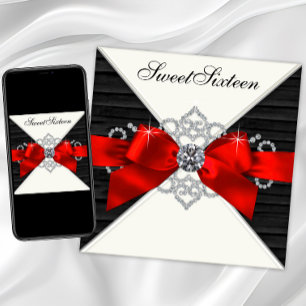 White Diamonds Black Red Sweet 16 Birthday Party Invitation