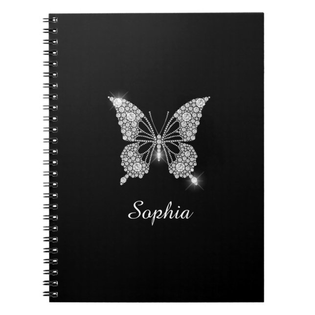 White Diamonds Butterfly, DIY Script Name, Black Notebook (Front)
