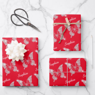 White Diamonds Butterfly Sparkle, DIY Name, Red Wrapping Paper Sheet