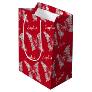White Diamonds Butterfly Sparkle Name, Deep Red Medium Gift Bag
