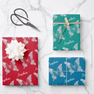 White Diamonds Butterfly Sparkle Name RedTeal Blue Wrapping Paper Sheet