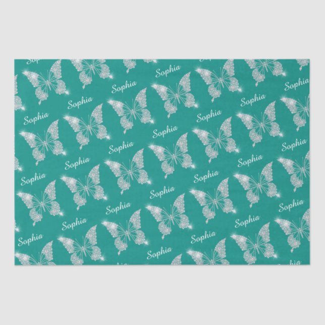White Diamonds Butterfly Sparkle Script Name, Teal Tissue Paper (Front)