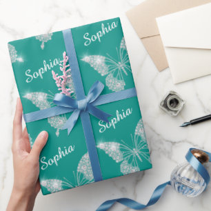 White Diamonds Butterfly Sparkle Script Name, Teal Wrapping Paper