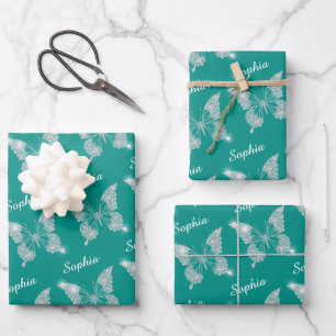 White Diamonds Butterfly Sparkle Script Name, Teal Wrapping Paper Sheet