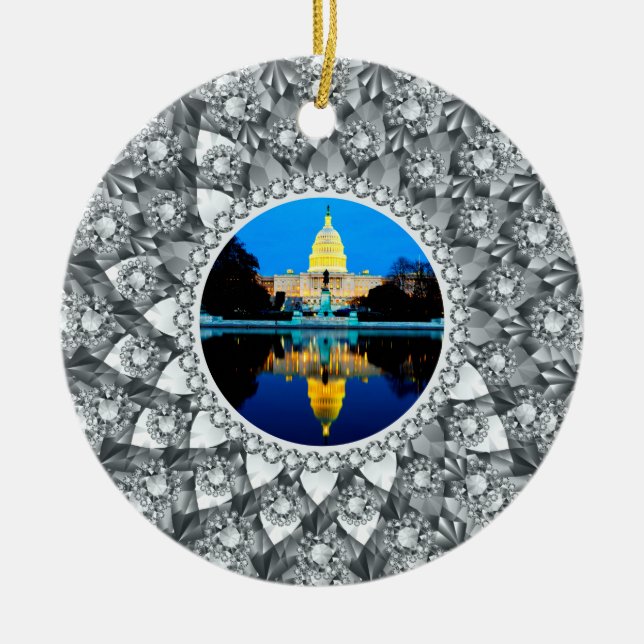 White Diamonds Circle Photo Frame Ceramic Ornament (Front)