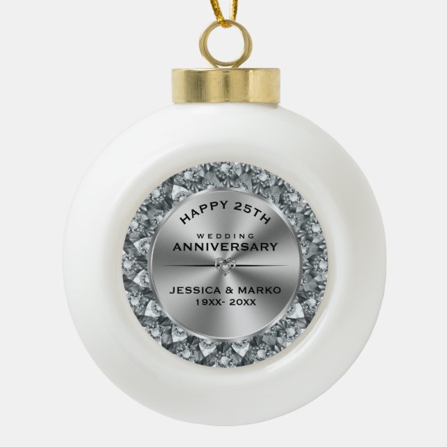 White diamonds & gold 25th wedding anniversary ceramic ball christmas ornament (Front)