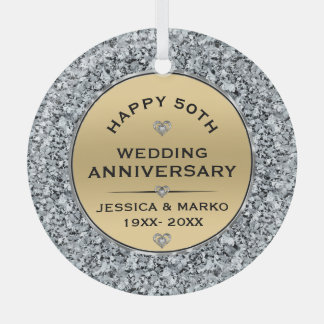 White diamonds & gold 50th Wedding Anniversary Glass Tree Decoration