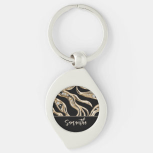 White diamonds, gold border abstract shapes key ring