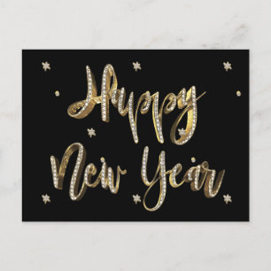 White Diamonds Gold Script Black Happy New Year Holiday Postcard