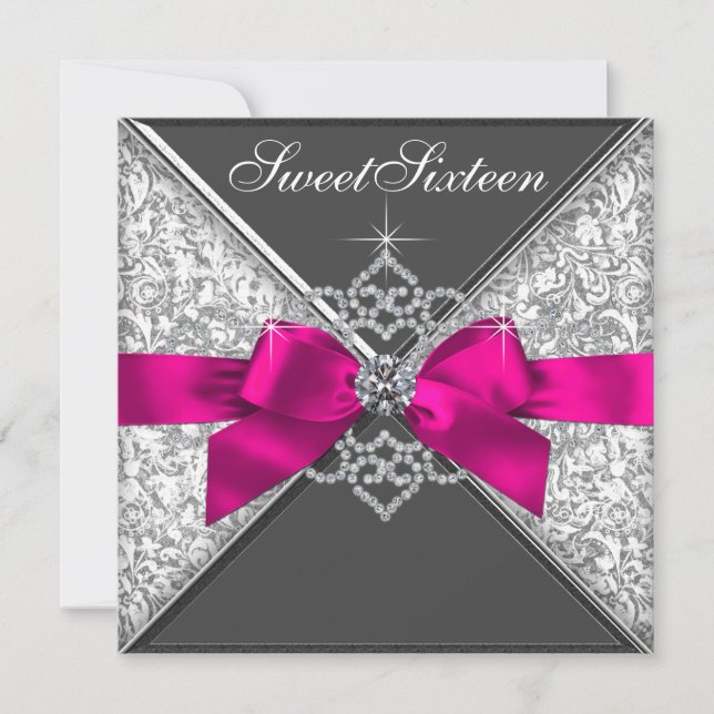 White Diamonds Hot Pink Sweet 16 Birthday Party Invitation (Front)