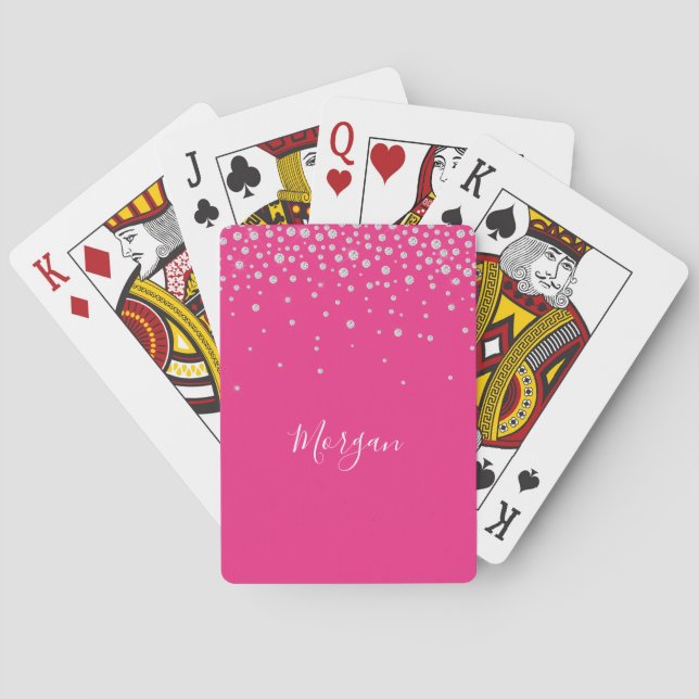 White Diamonds on Fuchsia, White Script Name Playing Cards (Back)